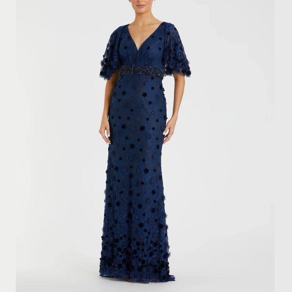 Mac Duggal 67712 Size 8 Dark Blue 3D Flowers Floral Lace Long Maxi Dress Gown - Picture 2 of 4